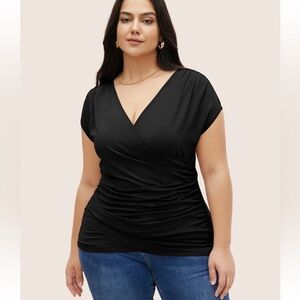 BloomChic Plus Size Plain Ruched Overlap Collar Dolman Sleeve Knit Top